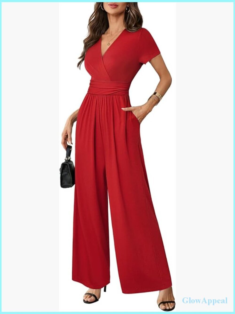 Dressy Jumpsuit with Side Ruched High Waist Wide Leg Short Sleeve